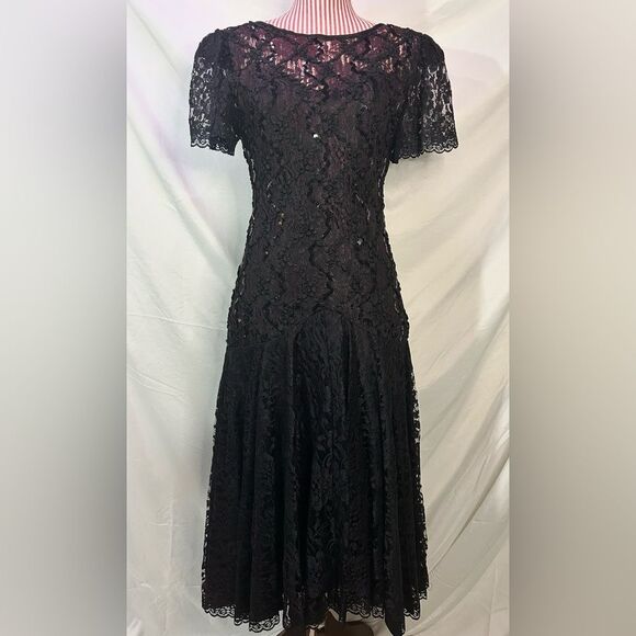 Vintage Black Lace Dress Sequin Gothic Drop Waist Cocktail Flapper 80s Sz 9/10 - Picture 1 of 14